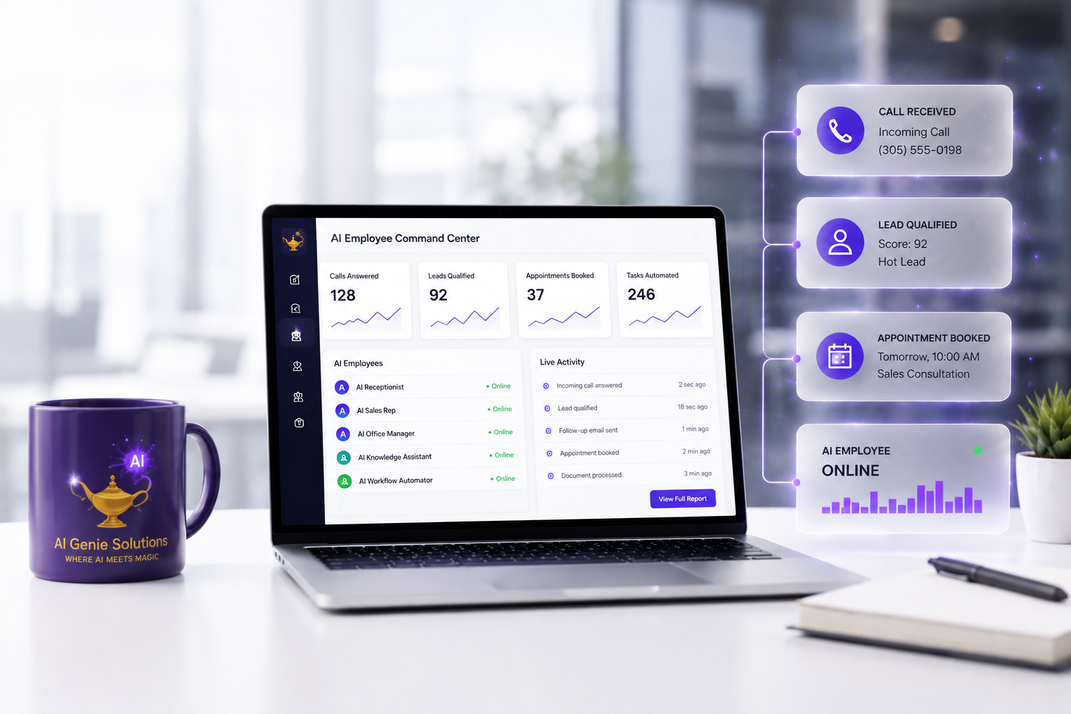 AI Employee Command Center dashboard showing five AI employees online, live activity, and call/lead status